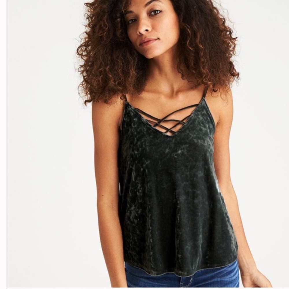 American Eagle Forest Green Crushed Velvet Tank Top